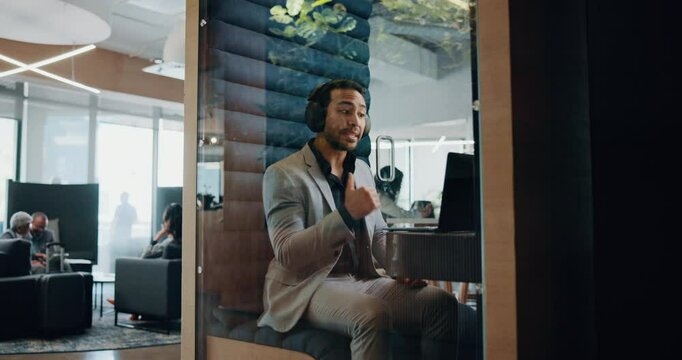 Video call, laptop and smile with business man at airport lounge for sound proof booth, online meeting or webinar. Discussion, virtual conference and talking with employee and headphones as speaker