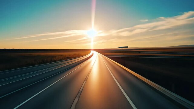 Highway road trip scenic drive at sunset with blue sky and clouds travel destination landscape photography 4k video