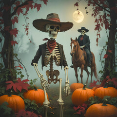 A skeleton with a hat on its head and a skeleton on a horse with pumpkins in the background