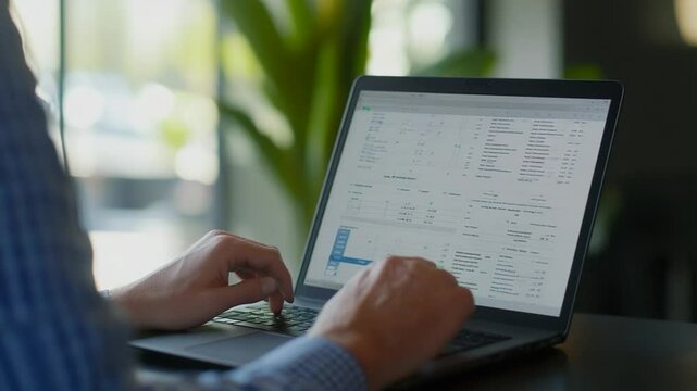 Man typing on laptop keyboard entering data for financial analysis and reports