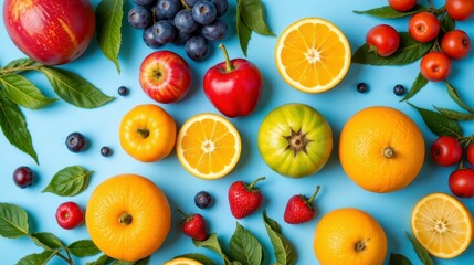 Colorful Assortment of Fresh Fruits on a Blue Background with Leaves and Natural Elements