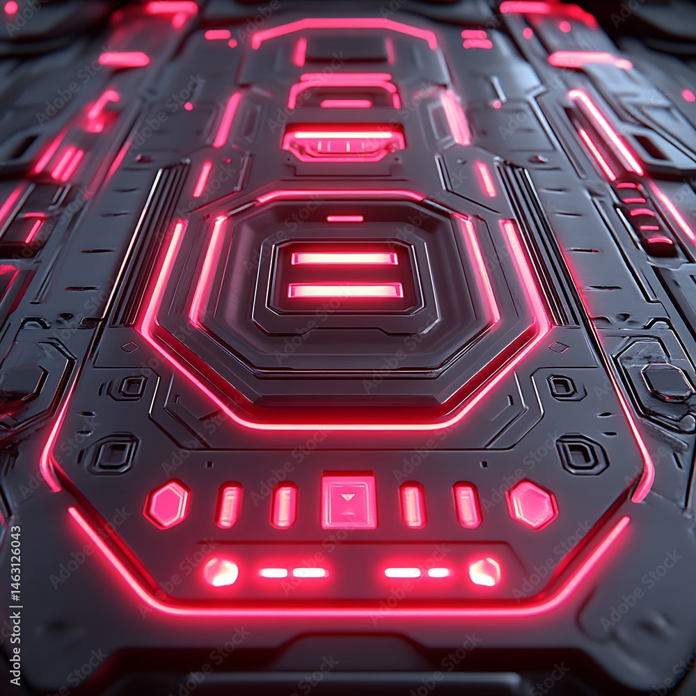 Poster futuristic technological panel with glowing red accents. close-up view of intricate, geometric patte