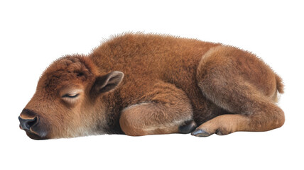 Fototapeta premium Adorable Baby Bison Calf Sleeping Isolated on White Background