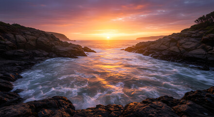 Fototapeta premium Dramatic Coastal Sunrise Captures Ocean's Power Between Rocky Headlands