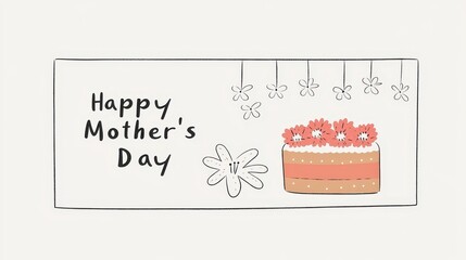 Textured illustration of framed Mother's Day message near a cake slice with flowers. Concept of Motherhood, celebration, mom, family, love, gratitude, nurturing, care, sweet treats