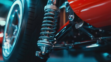 Close-up of an immaculate red hot rod showcasing chrome suspension and custom wheel
