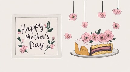 Textured illustration of framed Mother's Day message near a cake slice with flowers. Concept of Motherhood, celebration, mom, family, love, gratitude, nurturing, care, sweet treats