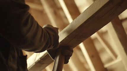 Carpenter Working on Wooden Beams