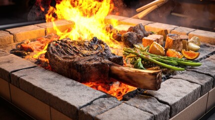 Grilled Tomahawk steak with asparagus and fire flames in pit at restaurant