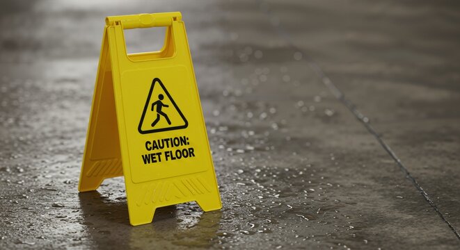 A bright yellow A-frame 'Caution: Wet Floor' sign stands prominently on a damp, reflective concrete surface, warning of potential slip hazards.