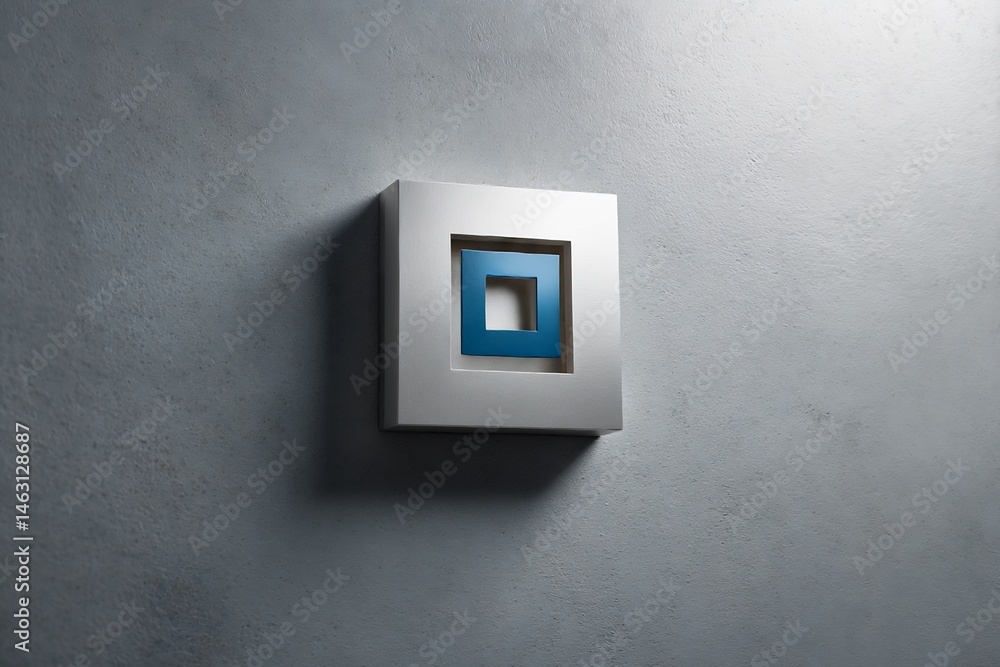 Poster geometric design with nested square shapes, mounted on a textured wall