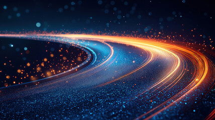 Glowing curved road with light trails and sparkles creating an abstract night design background