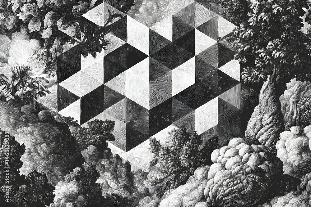 Poster monochrome landscape design with a repeating geometric pattern.