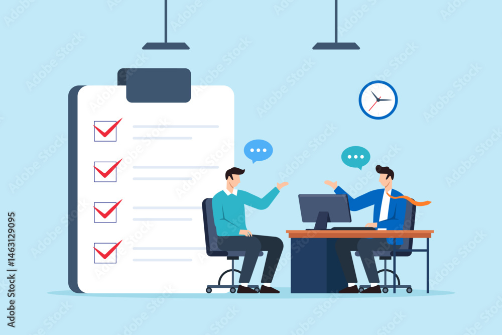 Poster flat illustration of consultant discussing tasks with client using checklist and desktop computer in