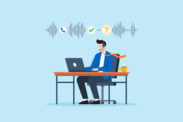 Flat illustration of remote staff answering customer calls with headset and laptop while working from home office desk