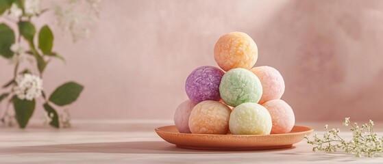 Pastel-colored spheres arranged in a pyramid on a wooden plate, adorned with delicate flowers
