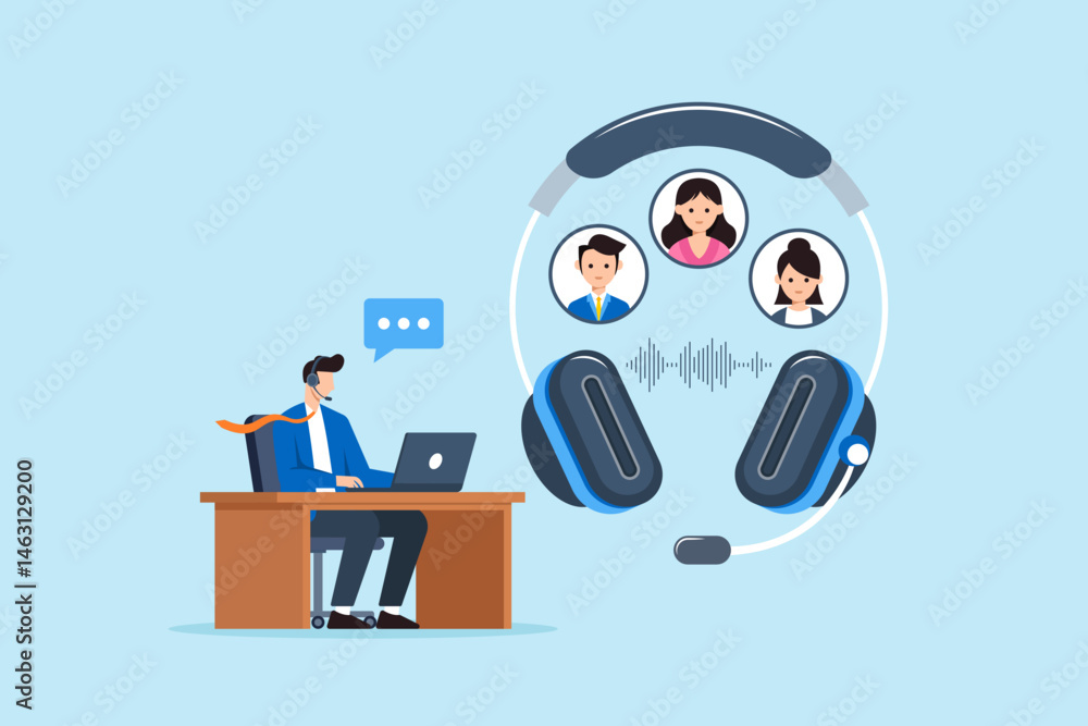 Poster flat illustration of call center operator assisting clients remotely with headset and laptop in virt