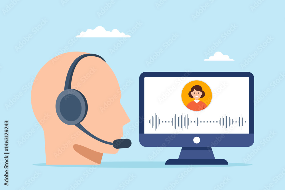 Poster flat illustration of customer support operator answering voice call using headset and computer in on