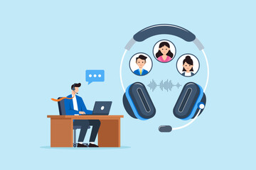 Flat illustration of call center operator assisting clients remotely with headset and laptop in virtual communication support