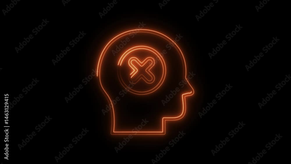 Poster neon head with cross symbol error concept represents negative thinking and mental block