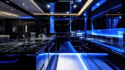 Obraz premium Modern luxury kitchen with sleek design and ambient lighting