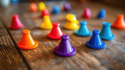 Colorful Game Pieces Arranged on Wood Surface with Selective Focus