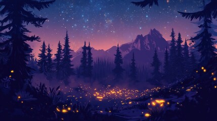 Naklejka premium Enchanted evening, A forest bathed in starlight and mystical glows