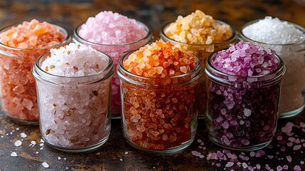 Colorful gourmet salts in glass jars.