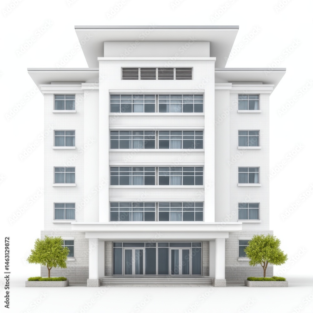 Poster Modern white building with symmetrical design and trees, isolated on white background