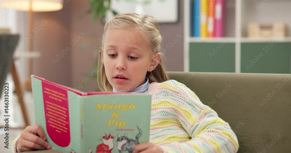 Poster girl, relax and child on sofa reading book in classroom with storytelling for learning, knowledge or