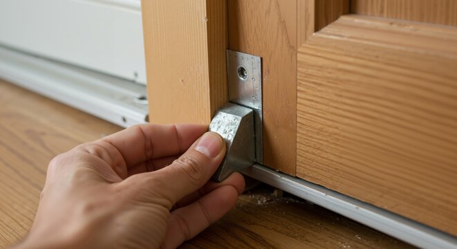 Close-up of a hand installing a metal guide on a wooden sliding door track, showcasing home improvement and DIY door repair.