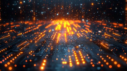 Fototapeta premium Abstract digital circuit board with glowing orange lines and particles.