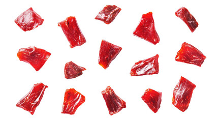 Collection of Beef Jerky Pieces on Transparent Background

