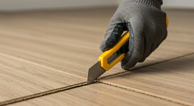 Close-up shot of a worker's gloved hand meticulously using a yellow utility knife to cut along a pre-scored groove in light brown wooden laminate flooring planks during an installation project.
