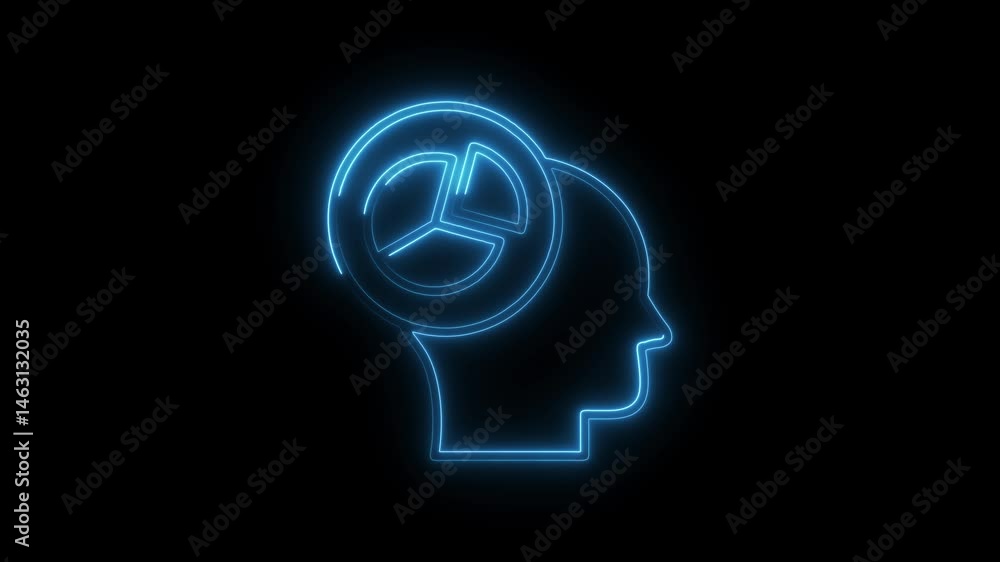 Poster neon head profile with pie chart inside brain analyzing data concept