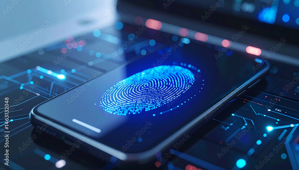 Poster smartphone fingerprint security: a close-up shot reveals a glowing blue fingerprint displayed on a s