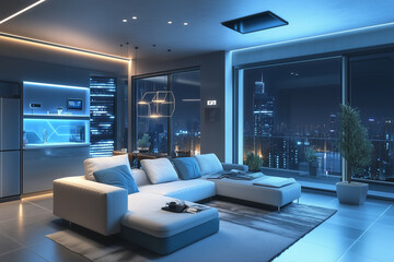 Futuristic upscale apartment living room illuminated night city view interior with holographic network smart appliance.