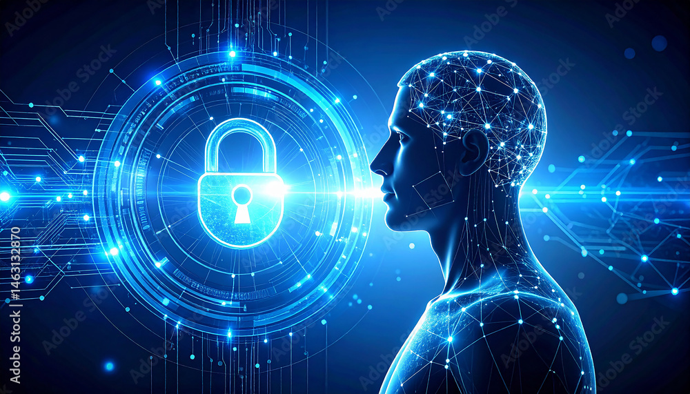 Poster digital mind security: a vibrant display showcases a digital human figure with a luminous brain, env