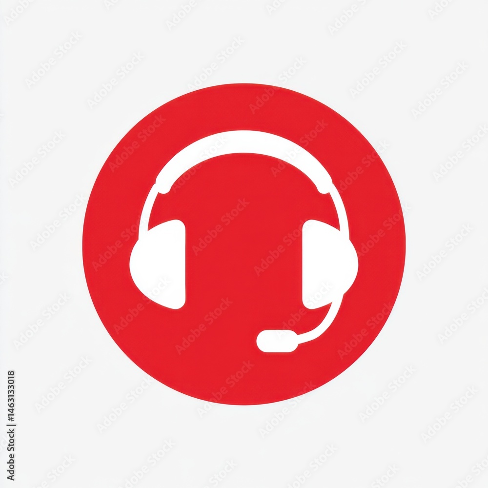 Poster red circle with white headphones icon representing customer service or support