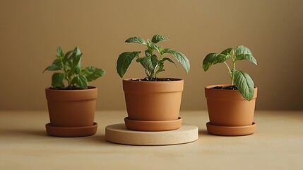 Fototapeta premium Three potted plants of varying sizes arranged on a wooden surface with a soft background