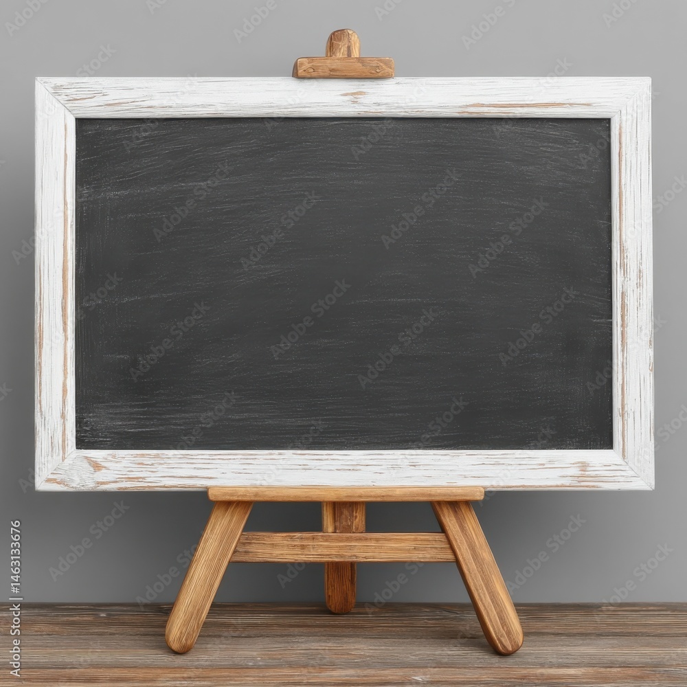 Poster rustic chalkboard on a wooden easel against a gray backdrop for your message