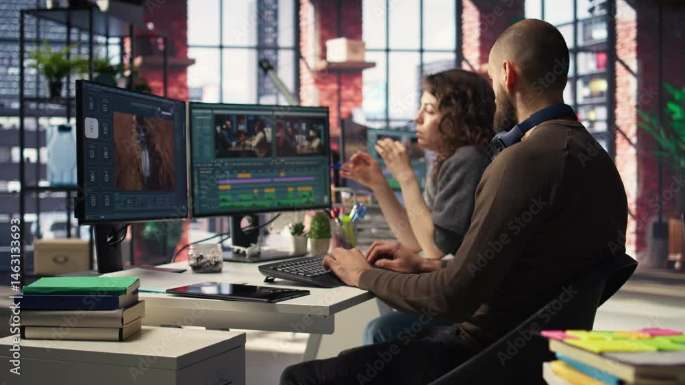 Poster video editors team working with ai chatbot and montage maker software, editing a background video an