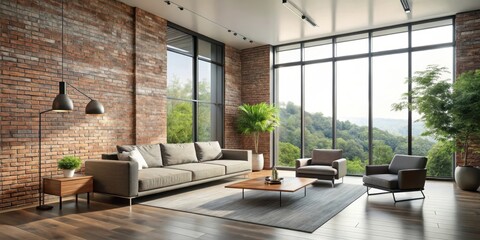 Fototapeta premium Sleek minimalist modern living room with floor-to-ceiling windows and exposed brick wall