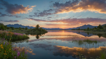Naklejka premium Serene Sunset over Mountain Lake with Vibrant Flora
