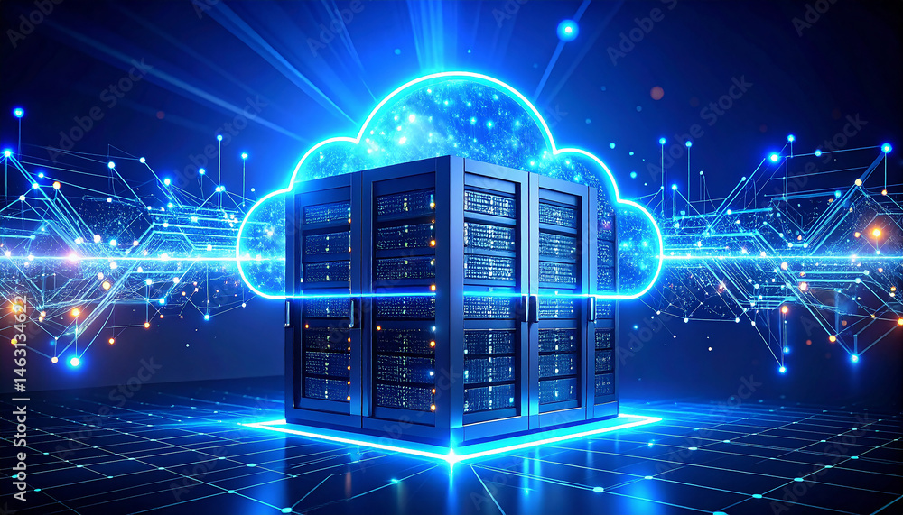 Poster digital cloud integration: a futuristic server room concept, with digital cloud integration in a vib