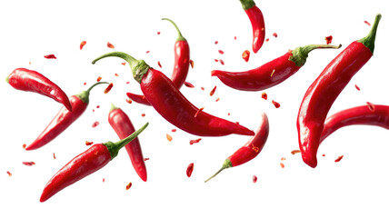 Flying and Falling Red Chili Peppers with Slices on Transparent Background