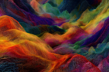 Colorful abstract digital landscape of textured mountains.