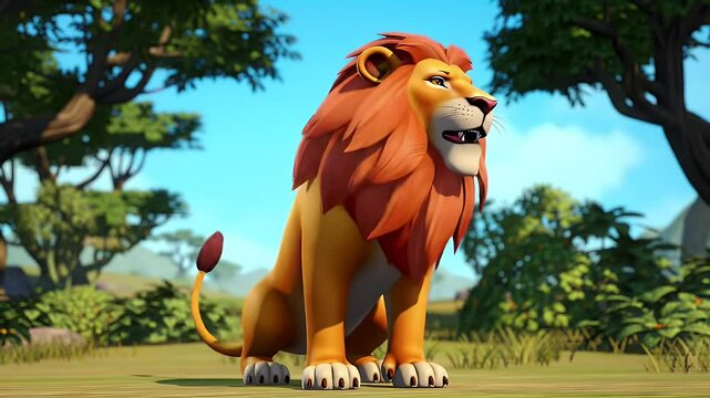 Animated Lion Sitting Peacefully in Savannah