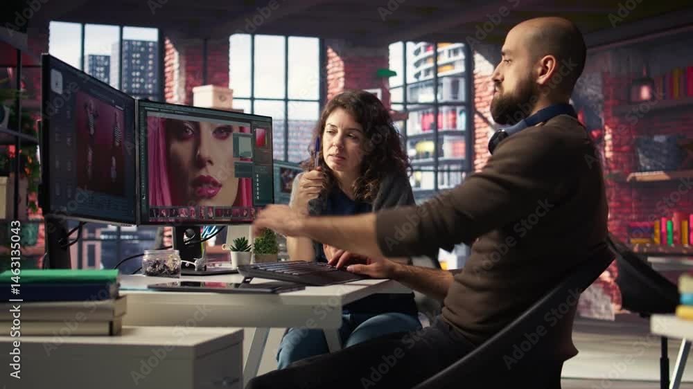 Poster creative team works with ai chatbot and editing software to improve content, applies machine learnin