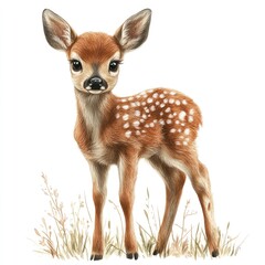 Fototapeta premium Cute fawn in a meadow. Small deer, standing, adorable, and spotted